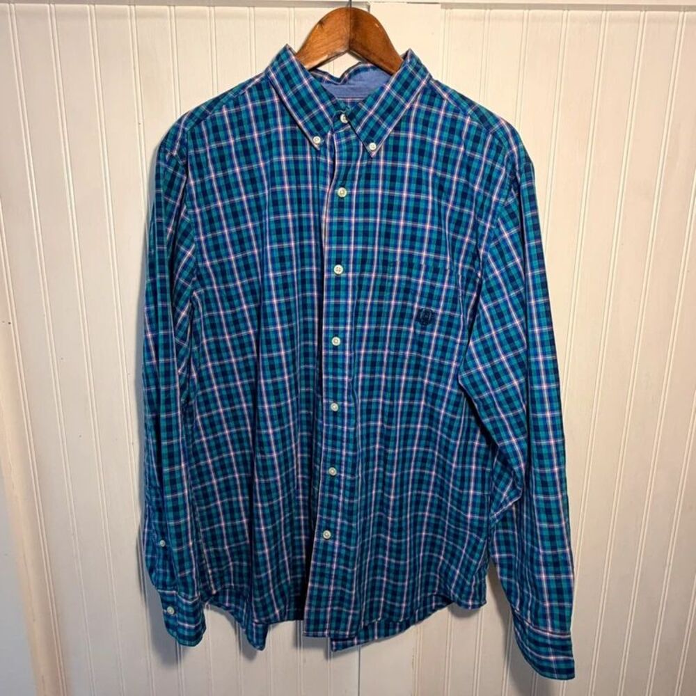 Chaps EasyCare Mens XL Button-down shirt collared blue green plaid